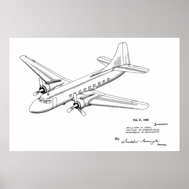 1950 Passenger Airplane Patent Art Drawing Print (Front)