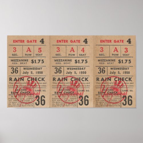 1950 Rain Check Ticket StubsNew York Poster