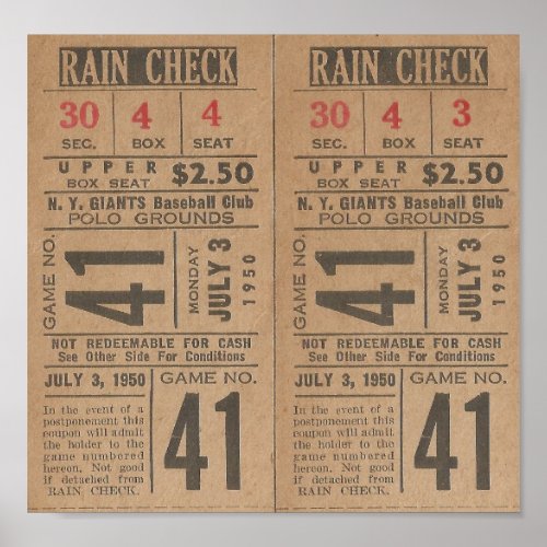 1950 Rain Check Ticket Stubs  New York Poster