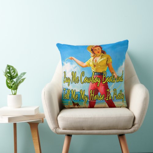 1950s Cowgirl with Horse by Gil Elvgren   Throw Pillow