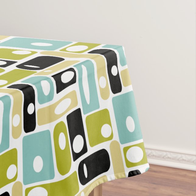 1950’s Yellow Aqua Green Rectangles Mid Century Tablecloth (In Situ)