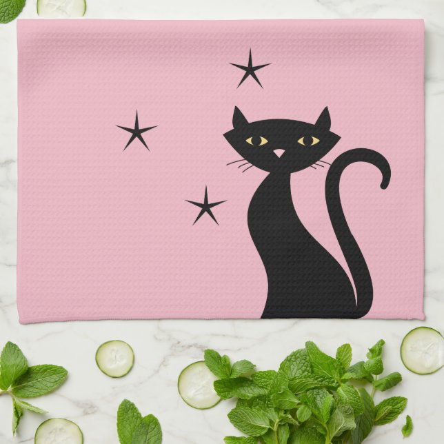 1950-style Black Cat, pink Kitchen Towel (Folded)