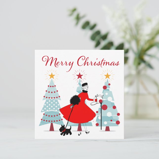 1950 Vintage Christmas Lady with Dog   Holiday Card (Standing Front)