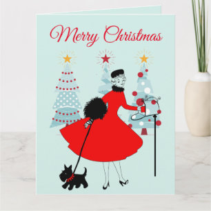 1950 Vintage Christmas Lady with Scottish Terrior Card