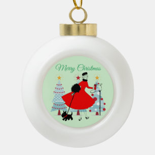 1950 Vintage Christmas Lady with Scottish Terrior Ceramic Ball Christmas Ornament