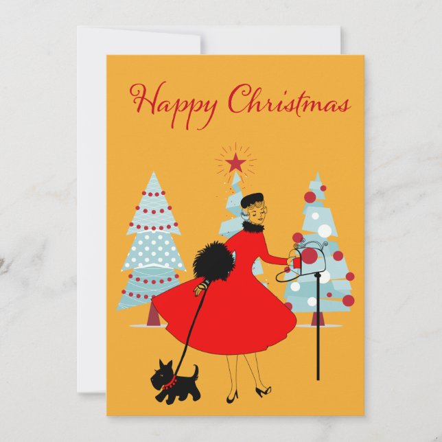 1950 Vintage Christmas Lady with Scottish Terrior  Holiday Card (Front)