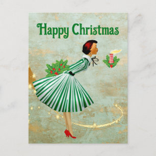 1950 Vintage Christmas woman Postcard