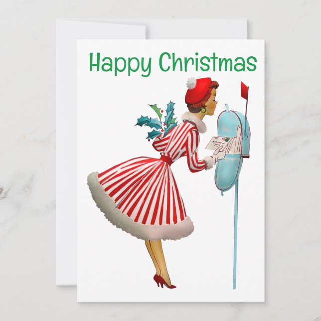 1950 Vintage Christmas woman with gifts Holiday Card (Front)