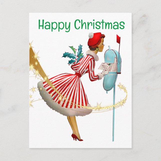 1950 Vintage Christmas woman with gifts Postcard (Front)