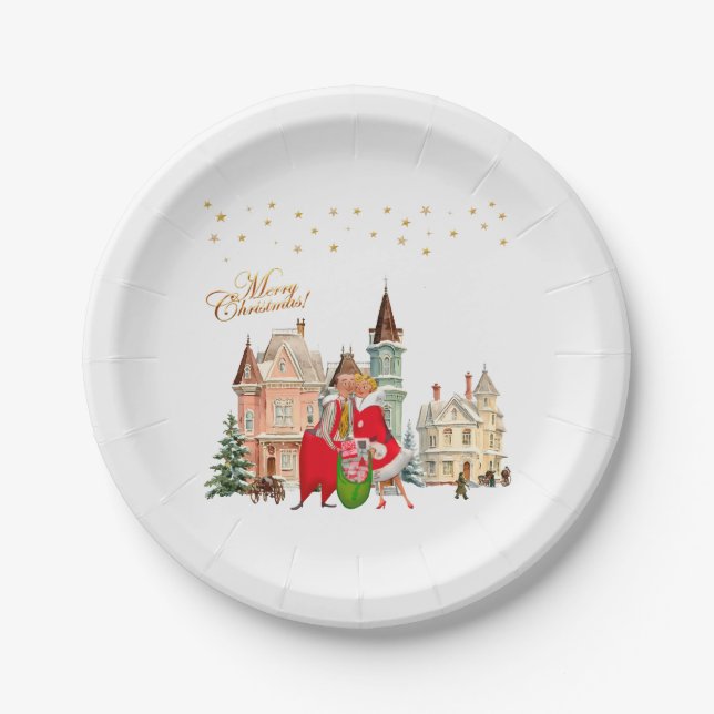 1950 Vintage Couple Merry Christmas Paper Plates (Front)