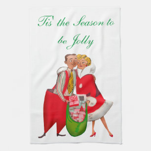 1950 Vintage Couple with Christmas Gift Sack Kitchen Towel