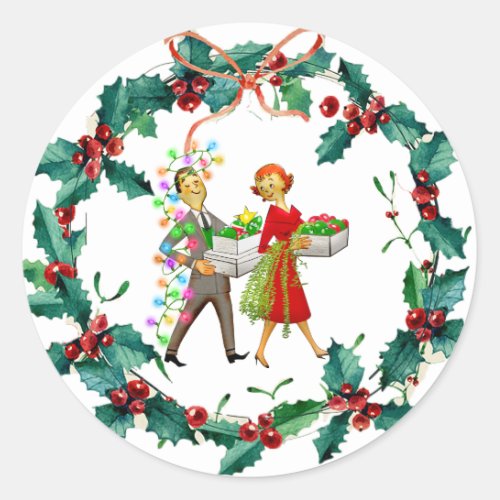 1950 Vintage Couple with Holly Christmas Wreath Classic Round Sticker