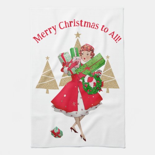 1950 Vintage Lady Christmas Greetings Kitchen Towel