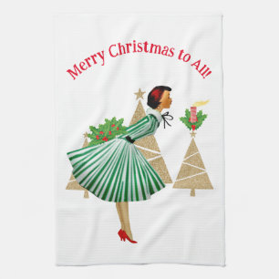 1950 Vintage Lady Christmas Greetings Kitchen Towel