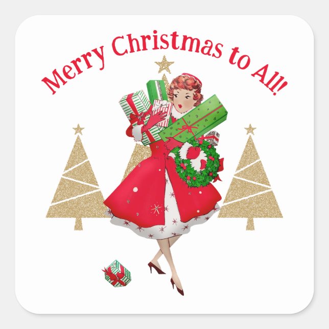 1950 Vintage Lady Christmas Greetings Square Sticker (Front)