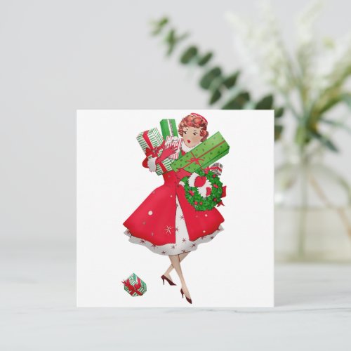 1950 Vintage Lady Christmas Shopping for Gifts    Card