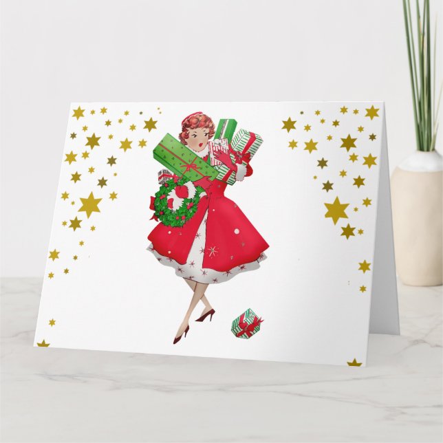 1950 Vintage Lady Christmas Shopping for Gifts    Card (Front)