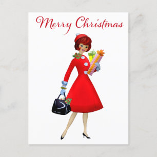 1950 Vintage Lady Christmas Shopping for Gifts Postcard