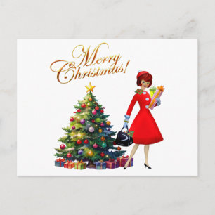 1950 Vintage Lady Christmas Shopping for Gifts Postcard