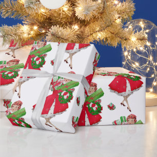 1950 Vintage Lady Christmas Shopping for Gifts Wrapping Paper