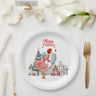 1950 Vintage Lady Posting Christmas Greetings Paper Plates