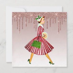 1950 vintage woman rose gold dripping gold holiday card