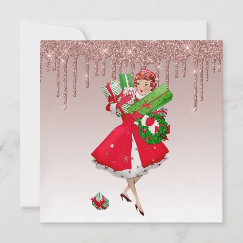 1950 vintage woman rose gold dripping gold holiday card
