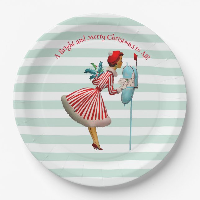 1950 Vintage Woman with Christmas Greetings Paper Plates (Front)