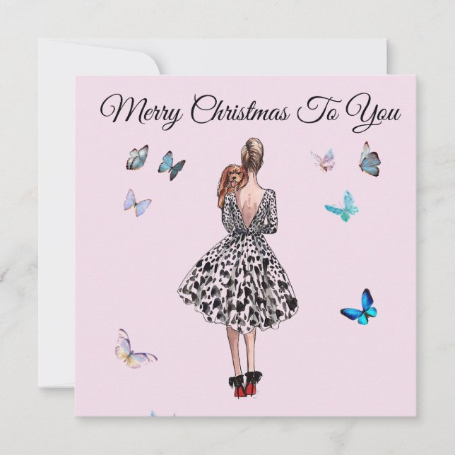 1950 Woman with Butterflies Christmas Greeting Card (Front)