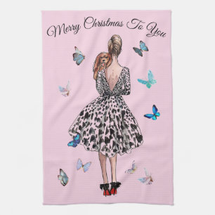 1950 Woman with Butterflies Christmas Greeting Kitchen Towel