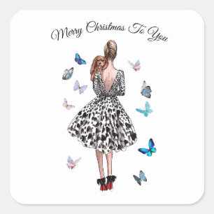 1950 Woman with Butterflies Christmas Greeting Square Sticker