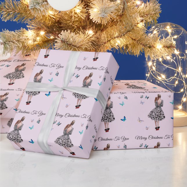 1950 Woman with Butterflies Christmas Greeting Wrapping Paper (Holidays)