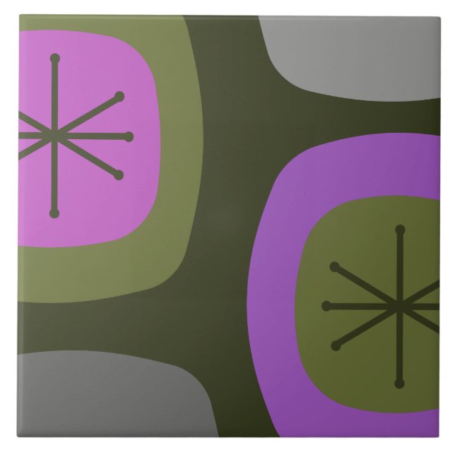 1950s Abstract Art Olive Green Pink Ceramic Tile (Front)