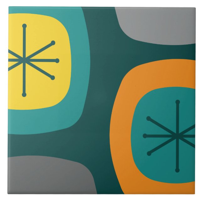 1950s Abstract Art Teal Multicolored Ceramic Tile (Front)