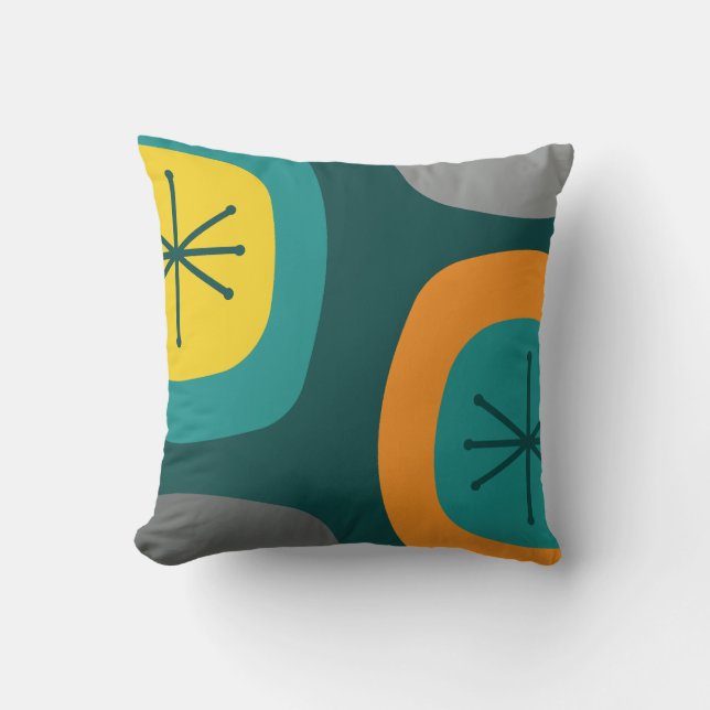 1950s Abstract Art Teal Multicolored Throw Pillow (Front)