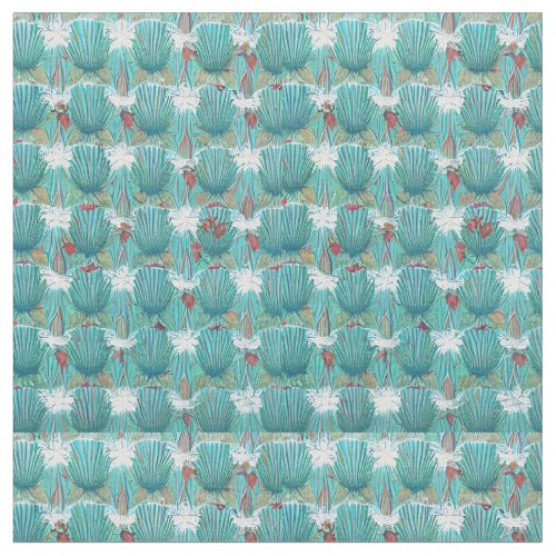 1950s Art Deco Sea Shell Textile Geometric Teal Fabric