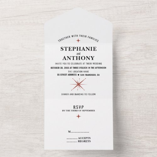 1950s Atomic Black White and Terracotta Wedding  All In One Invitation
