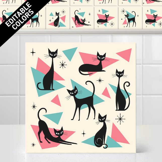 1950s Atomic Retro Cats Colors Fully Editable Ceramic Tile (Customize this funny and cute 1950s Atomic Retro Cats Colors Fully Editable Ceramic Tile Mural)