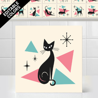 1950s Atomic Retro Sitting Cat Editable Colors Ceramic Tile