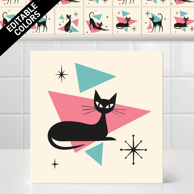 1950s Atomic Retro Sleeping Cat Editable Colors Ceramic Tile (Customize the colors of thjs funny 1950s Atomic Retro Sleeping Cat Ceramic Tile Editable Mural)