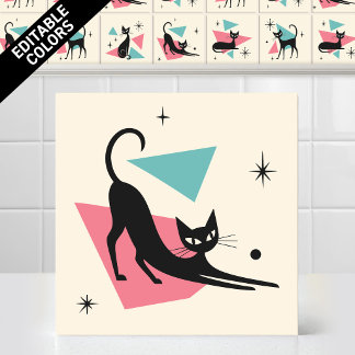 1950s Atomic Retro Stretching Cat Editable Colors Ceramic Tile