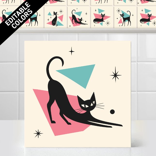 1950s Atomic Retro Stretching Cat Editable Colors Ceramic Tile (Customize the colors of thjs funny 1950s Atomic Retro Stretching Cat Ceramic Tile Editable Mural)