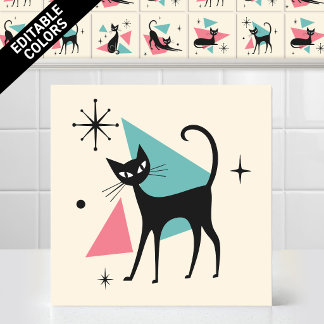 1950s Atomic Retro Walking Cat Editable Colors Ceramic Tile