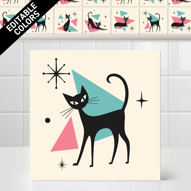 1950s Atomic Retro Walking Cat Editable Colors Ceramic Tile (Customize the colors of thjs funny 1950s Atomic Retro Walking Cat Ceramic Tile Editable Mural)
