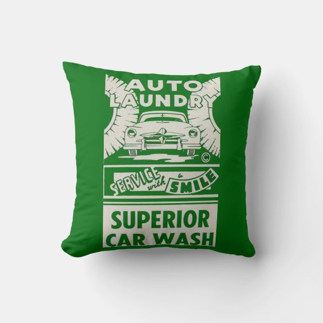 1950s Auto Laundry Car Wash ad Throw Pillow (Front)