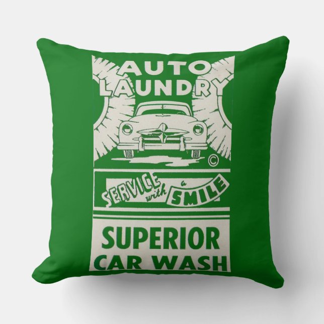 1950s Auto Laundry Car Wash ad Throw Pillow (Front)