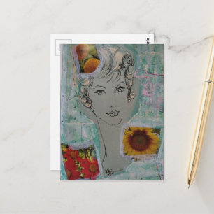 1950s Blue Retro Hair Style Mixed Media Collage Postcard