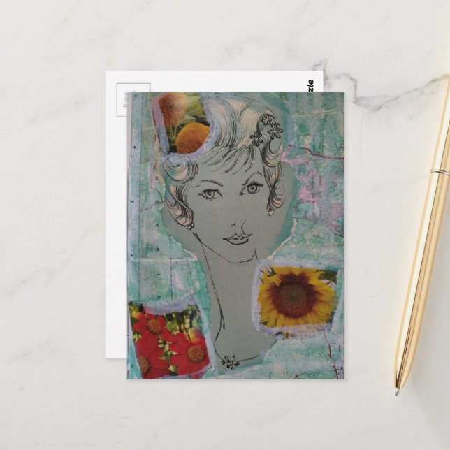 1950s Blue Retro Hair Style Mixed Media Collage Postcard (Front/Back In Situ)