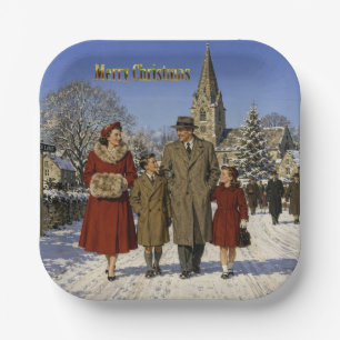 1950s British Family Christmas Church Stroll Paper Plates