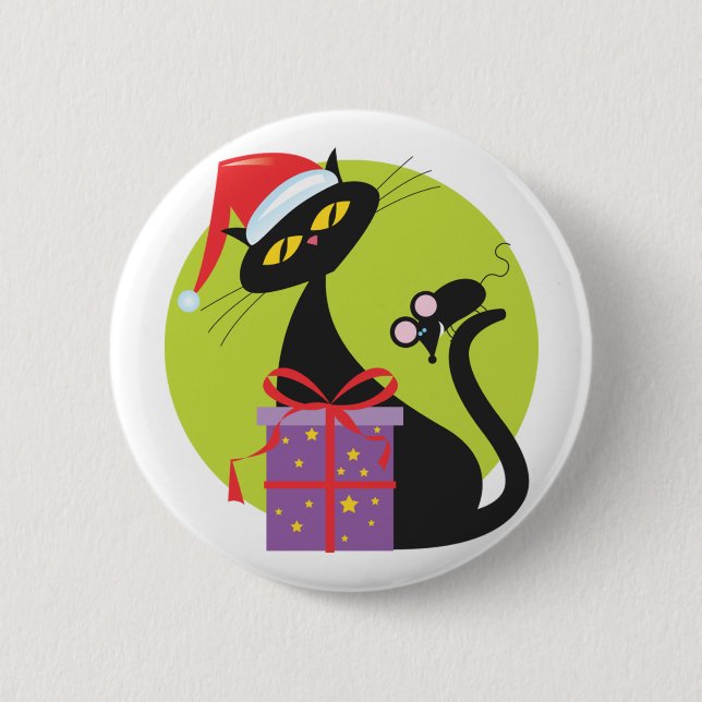 1950s Christmas Black Cat Black Mouse Pinback Button (Front)